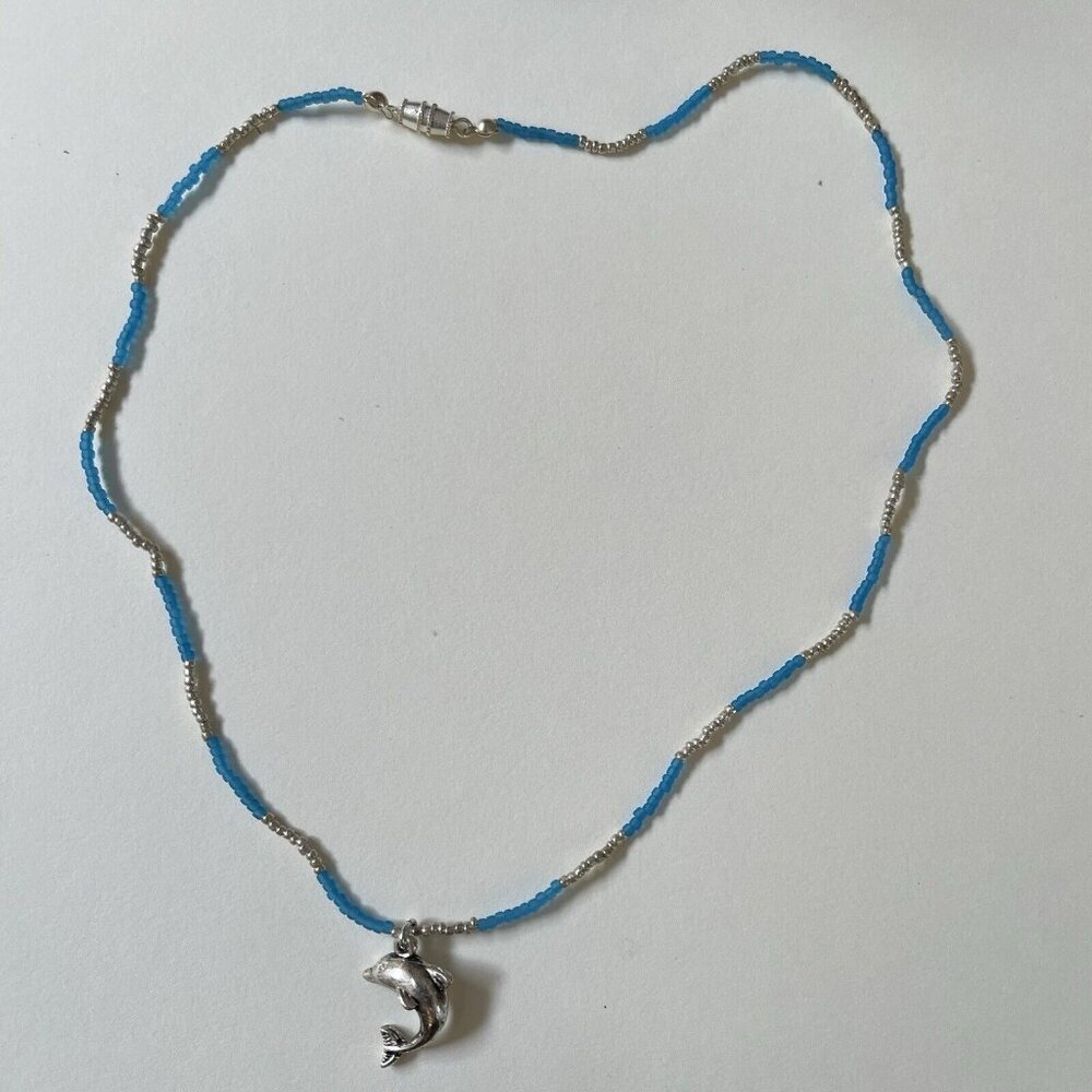 Handmade Necklace Silver Tone Dolphin‎ Black Bead Dainty Nautical Beach Womens